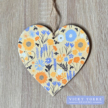 Load image into Gallery viewer, 'Cards To Keep' Wooden Hanging Heart – 'Bee Happy - Meadow Flowers'