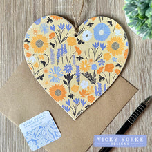 Load image into Gallery viewer, 'Cards To Keep' Wooden Hanging Heart – 'Bee Happy - Meadow Flowers'