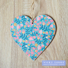 Load image into Gallery viewer, 'Cards To Keep' Wooden Hanging Heart – 'Folk Florals - Flower Dance'