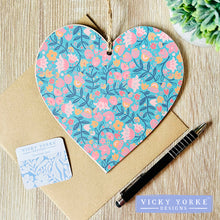 Load image into Gallery viewer, 'Cards To Keep' Wooden Hanging Heart – 'Folk Florals - Flower Dance'