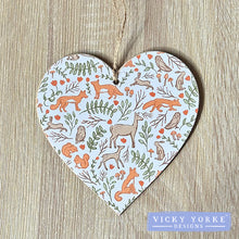 Load image into Gallery viewer, 'Cards To Keep' Wooden Hanging Heart – 'Woodland Cottage - Animals'