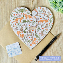 Load image into Gallery viewer, 'Cards To Keep' Wooden Hanging Heart – 'Woodland Cottage - Animals'