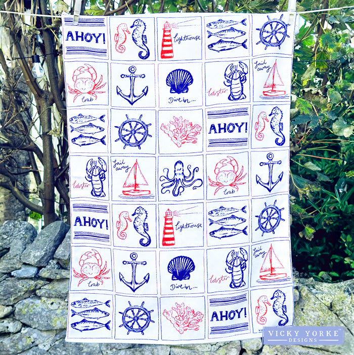 Cotton Tea Towel - 'Ahoy There!' Coastal Design