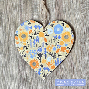 ***NEW*** 'Cards To Keep' Wooden Hanging Heart – 'Bee Happy - Meadow Flowers'