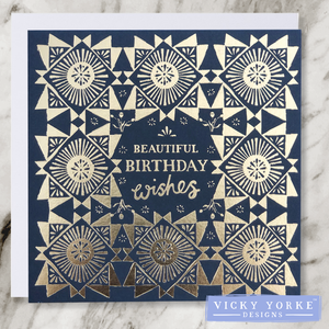 black / charcoal and gold foil greetings card with beautiful birthday wishes sentiment and floral geometric pattern.