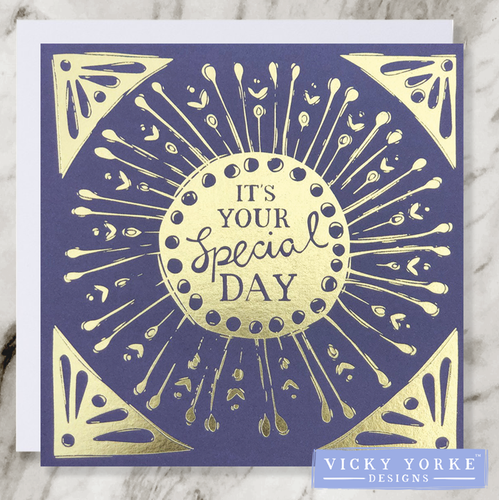 Dark purple and gold foil greetings card with 'It's Your Special Day' sentiment inside an abstract golden sunshine / flower with hand drawn geometric decoration. 