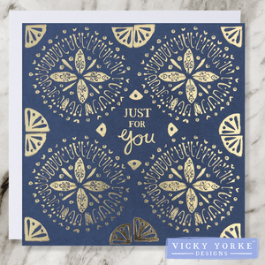 Grey and gold foil greetings card with 'Just for you' sentiment and floral geometric design decoration. 