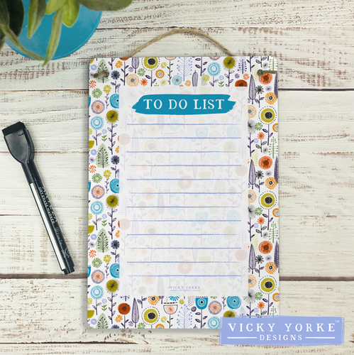 Reusable To Do List Dry Wipe Board With Free Pen - 'Mid Century Floral'