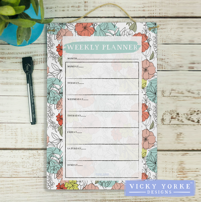 Reusable Weekly Planner Dry Wipe Board With Free Pen - 'Contoured Floral'